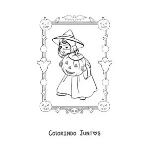 Desenho para colorir de menina com fantasia de bruxa e abóbora de Halloween