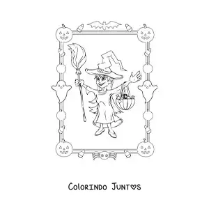 Desenho para colorir de menina fantasiada de bruxa pedindo doces no Halloween