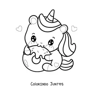 Desenho para colorir de um unicórnio kawaii comendo uma rosquinha