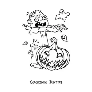 Desenho para colorir de zumbi com abóbora de Halloween