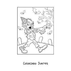 Desenho para colorir de zumbi animado caminhando com chapéu de festa