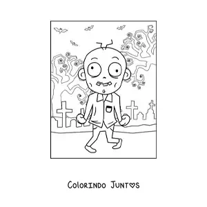 Desenho para colorir de zumbi animado dançando em um cemitério no Halloween