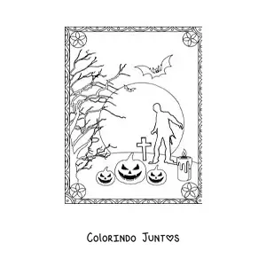 Desenho para colorir de silhueta de um zumbi caminhando em um cemitério no Halloween