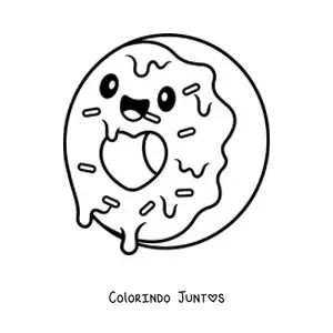 Desenho para colorir de uma rosquinha animada kawaii com um coração no centro