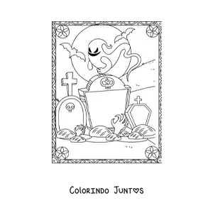 Desenho para colorir de mão de zumbi saindo do túmulo com fantasmas