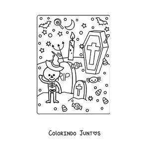 Desenho para colorir de cemitério com esqueleto kawaii de Halloween