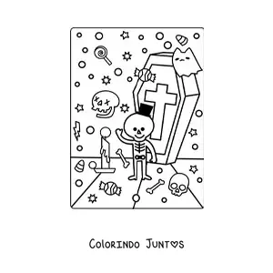 Desenho para colorir de túmulo com esqueleto kawaii de Halloween