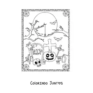 Desenho para colorir de túmulos com caveira na noite de Halloween