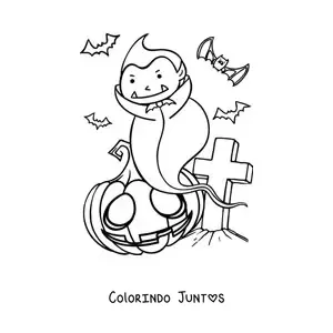 Desenho para colorir de vampiro animado com abóbora de Halloween