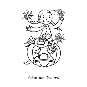Desenho para colorir de garota vampira com aranha e abóbora de Halloween