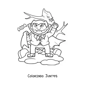 Desenho para colorir de vampiro animado no Halloween com morcegos