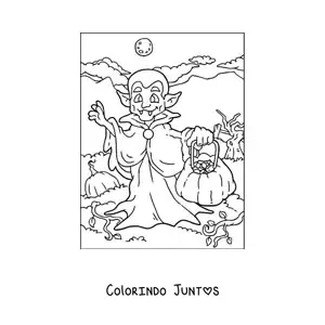 Desenho para colorir de um vampiro com abóbora de Halloween
