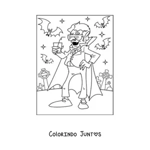 Desenho para colorir de vampiro animado com morcegos e óculos de sol em um cemitério