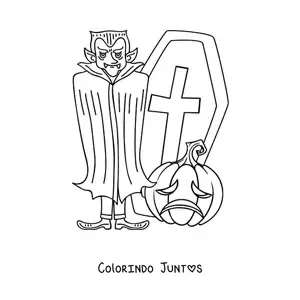 Desenho para colorir de conde Drácula com túmulo e abóbora de Halloween