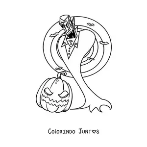 Desenho para colorir de conde Drácula com morcegos e abóbora de Halloween
