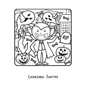 Desenho para colorir de vampiro kawaii no Halloween com fantasmas e abóboras