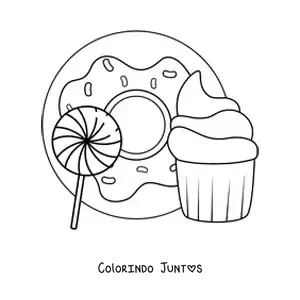 Desenho para colorir de uma rosquinha ao lado de um cupcake e um picolé