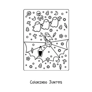 Desenho para colorir de vampiro com fantasmas kawaii no Halloween