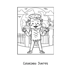 Desenho para colorir de Frankenstein animado na noite de Halloween
