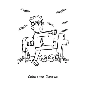 Desenho para colorir de Frankenstein animado caminhando em um cemitério no Halloween