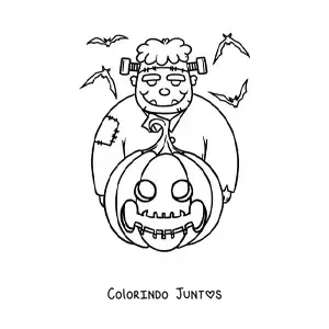 Desenho para colorir de Frankenstein animado grande com abóbora de Halloween