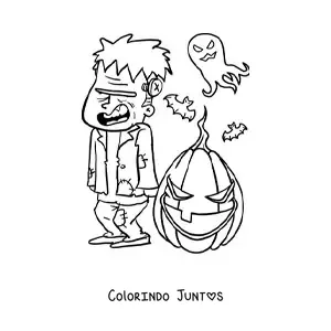 Desenho para colorir de Frankenstein animado grande com fantasmas e abóbora de Halloween