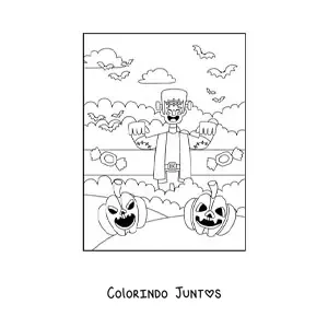 Desenho para colorir de Frankenstein animado kawaii com morcegos e abóbora de Halloween