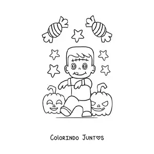Desenho para colorir de Frankenstein kawaii com abóboras e doces de Halloween