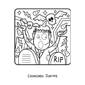 Desenho para colorir de Frankenstein animado com caveira e doces de Halloween