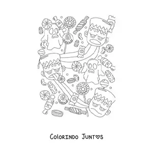 Desenho para colorir de rosto de Frankenstein com fantasmas e doces de Halloween