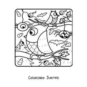 Desenho para colorir de coruja com aranhas de terror