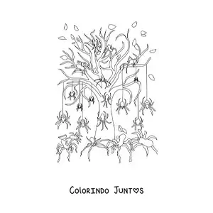 Desenho para colorir de árvore com aranhas de terror