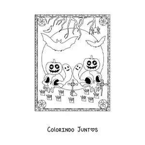 Desenho para colorir de abóboras de Halloween assustadoras com caveiras e fantasmas