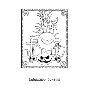Desenho para colorir de abóbora de Halloween assustadora com túmulos e morcegos