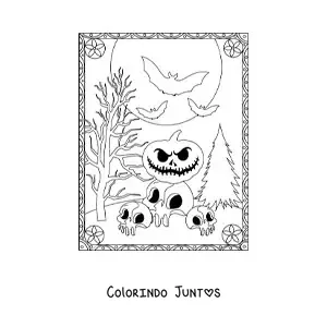 Desenho para colorir de abóboras de Halloween assustadoras com caveiras e morcegos