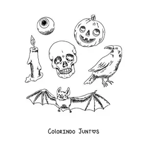 Desenho para colorir de elementos de Halloween de terror