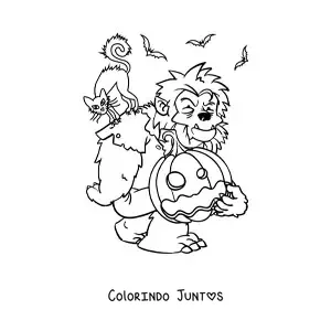 Desenho para colorir de lobisomem com abóbora de Halloween