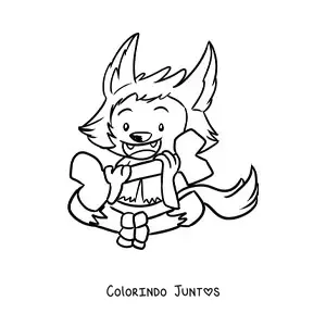 Desenho para colorir de lobisomem kawaii com um osso