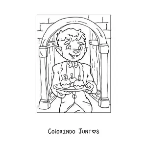 Desenho para colorir de lobisomem animado com doces de Halloween