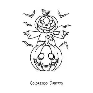 Desenho para colorir de espantalho com abóbora de Halloween e morcegos