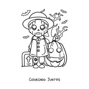 Desenho para colorir de monstro de Halloween assustador com abóbora e morcegos