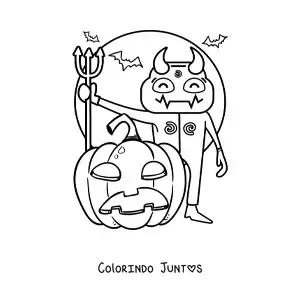 Desenho para colorir de diabo de Halloween assustador com abóbora e morcegos