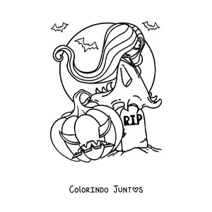 Desenho para colorir de fantasma de Halloween assustador com abóbora e morcegos