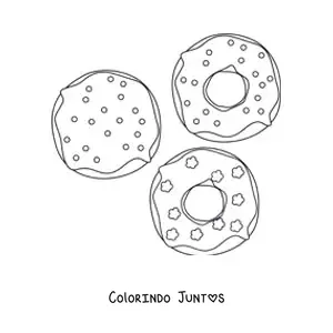 Desenho para colorir de tres rosquinhas de sabores diferentes