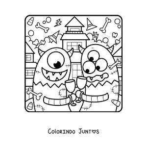 Desenho para colorir de monstros animados em festa de Halloween