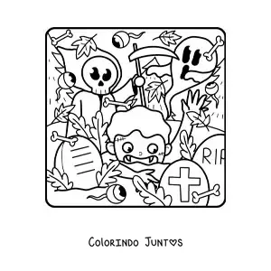 Desenho para colorir da morte com um fantasma e um zumbi de Halloween assustando uma criança