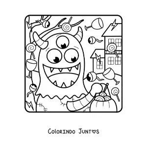 Desenho para colorir de monstro animado com doces de Halloween
