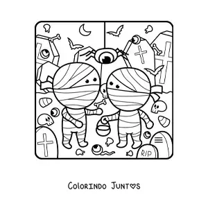 Desenho para colorir de múmias kawaii de Halloween