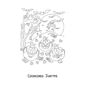 Desenho para colorir de abóboras assustadoras de Halloween com mansão assombrada