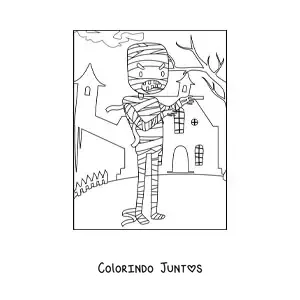 Desenho para colorir de múmia de Halloween com casa assombrada